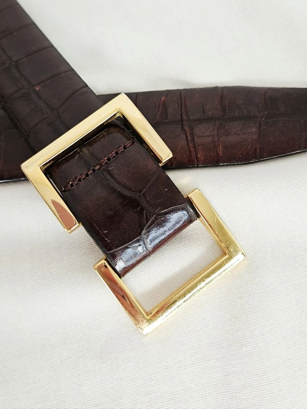 Ellen Tracy Italian Leather Croc Embossed Belt Brown Gold Slide Buckle S